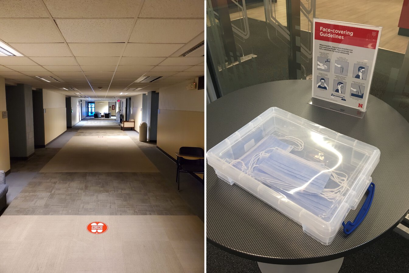 Empty hallway with floor marker for social distancing. Box of facemasks with instructions.