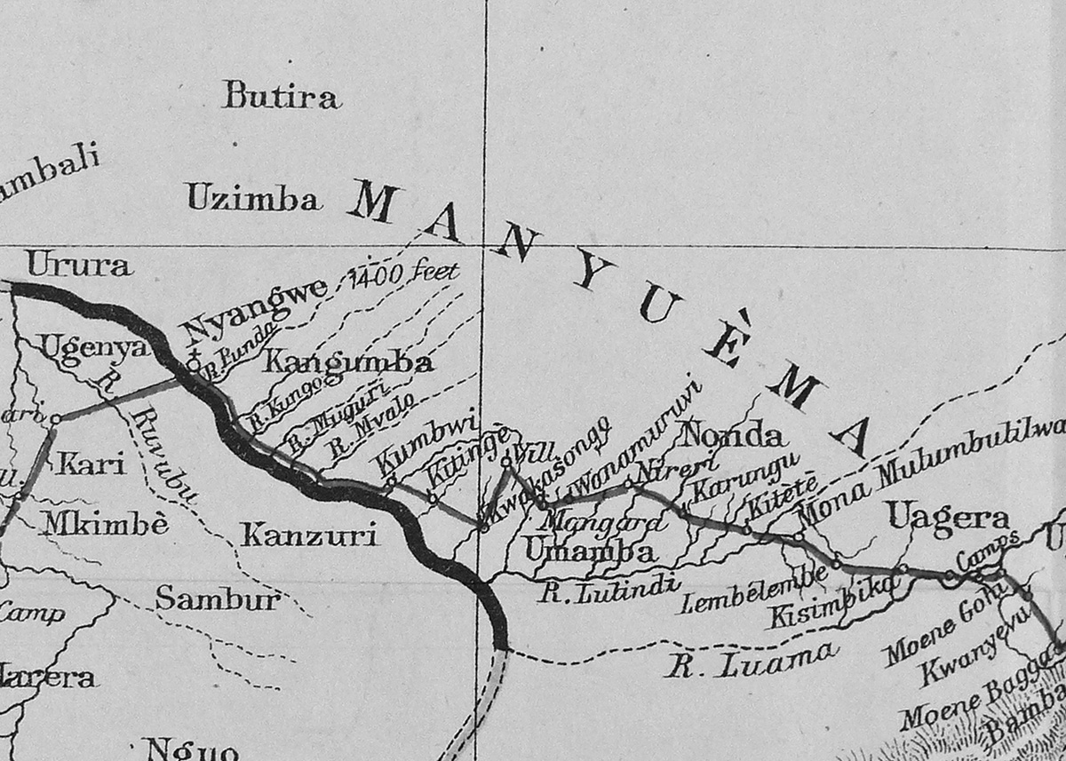 Detail from Verney Lovett Cameron, Edward Weller, and W. J. Turner, “Reduction of Lieut. Cameron’s Preliminary Map of His Route and the Adjacent Country between Lake Tanganyika & Lovalè 1874–5 with Continuation from the Maps of Dr Livingstone and Other Travellers,” Proceedings of the Royal Geographical Society 20, no. 2 (1876 1875): n.p. Public domain. Image copyright Justin D. Livingstone. Creative Commons Attribution-NonCommercial 3.0 Unported (https://creativecommons.org/licenses/by-nc/3.0/).